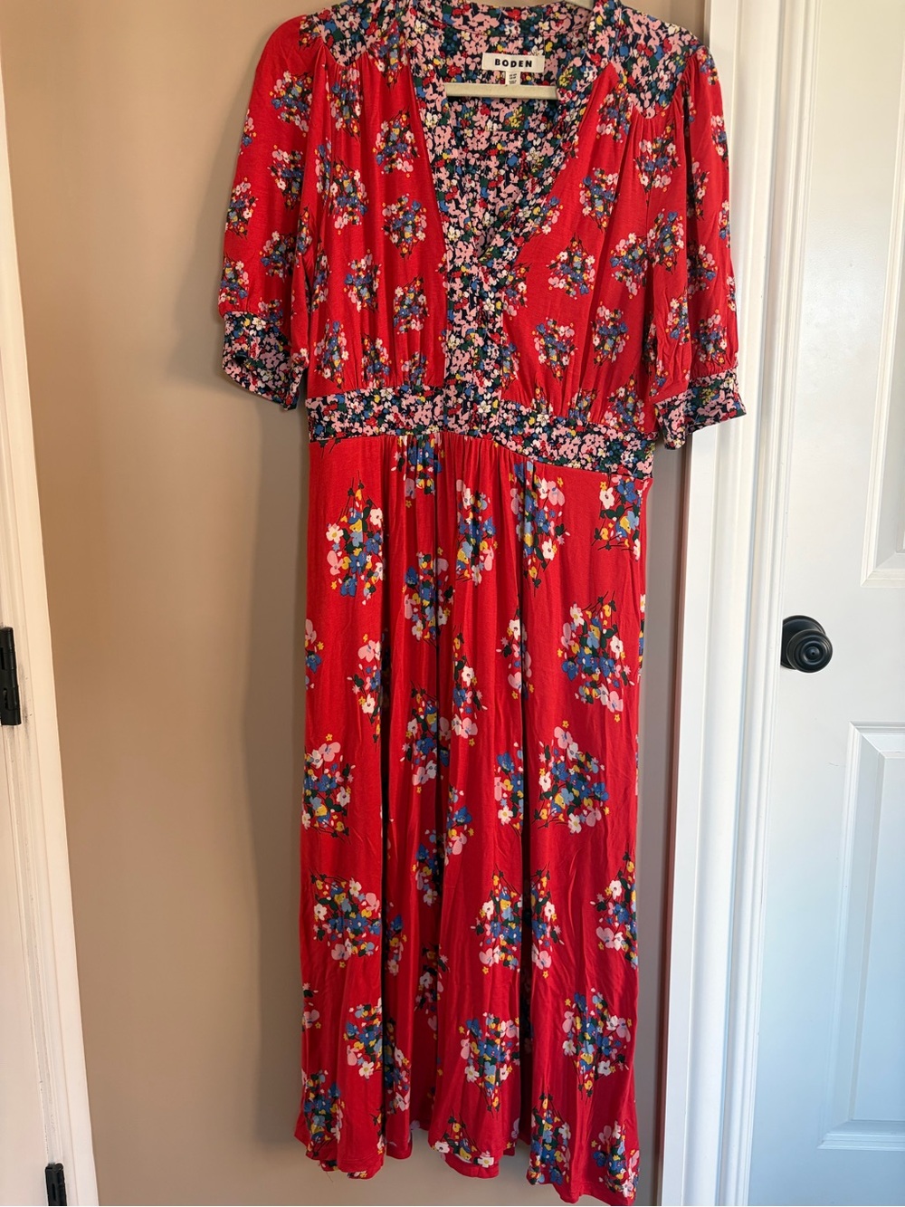 Boden Red Floral Midi Dress with Multicolor Bouquet Print